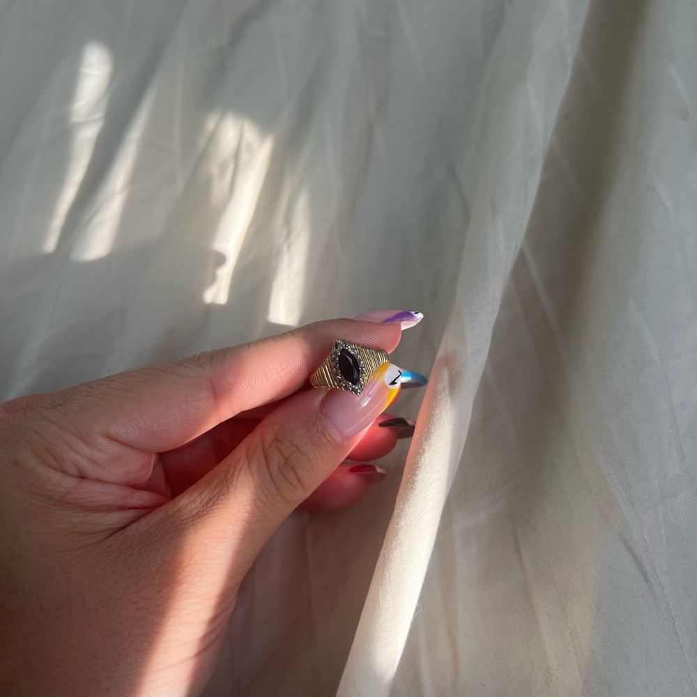 10K Stamped Gold Sapphire Ring with Diamond Chips (Size 7) Princess Diana Vibes